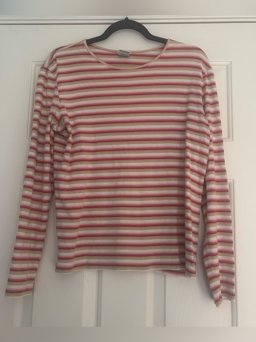 VTG Y2K Old Navy Women’s Pink Green Striped Crew Neck Long Sleeve T-Shirt Large